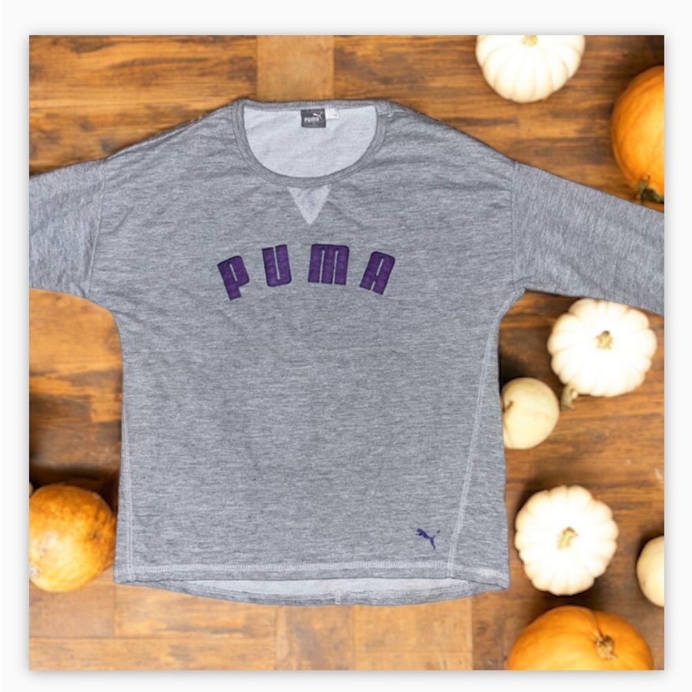 Women’s Sz S LOGO Puma Sweatshirt -Grey w/Purple -crew neck EUC-Sz S - Picture 3 of 12